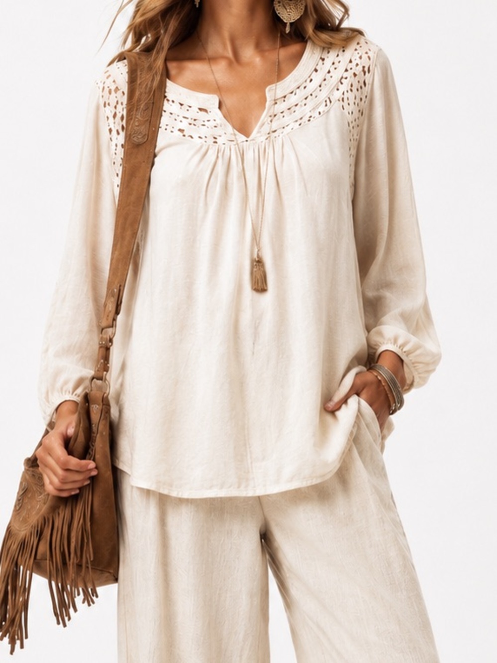 RETRO-OLOGY Knit Cream Long-Sleeve Crochet Lace Yoke Peasant Top